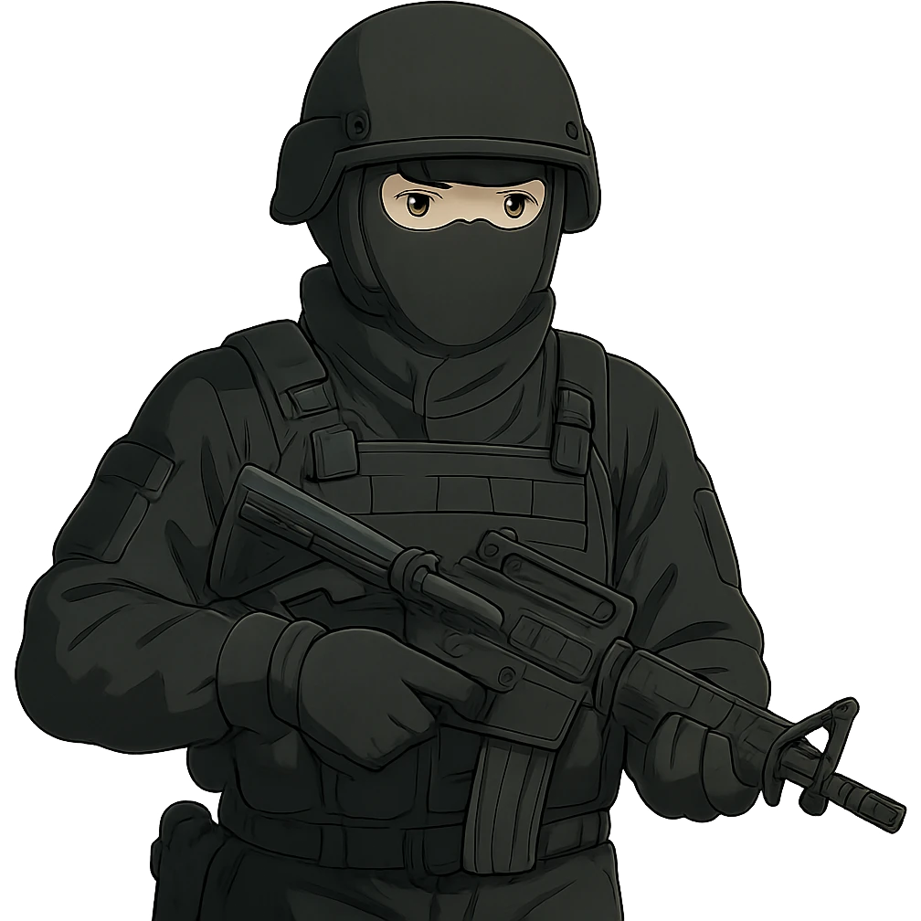 ghibli style armed figure in all-black military clothing, shiesty mask, and helmet emoji