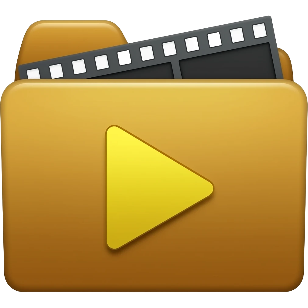 Movies: Darker golden-brown folder base with a black inset. It features a stylized film strip at the top and a large yellow "Play" triangle icon in the center. emoji