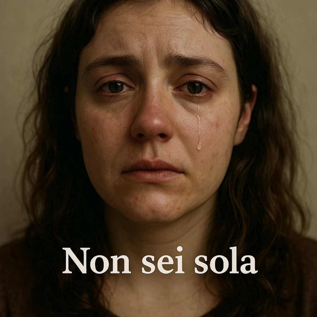 close-up of woman with PCOS, teary eyes and lost gaze, tear on face, neutral background, vulnerable atmosphere, Italian text: 'Non sei sola', 4K quality emoji
