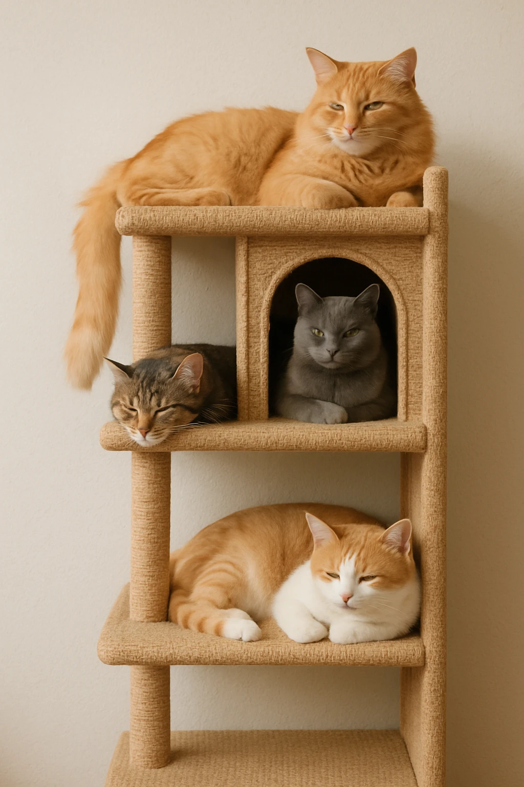 cats relaxing in a vertical playhouse emoji