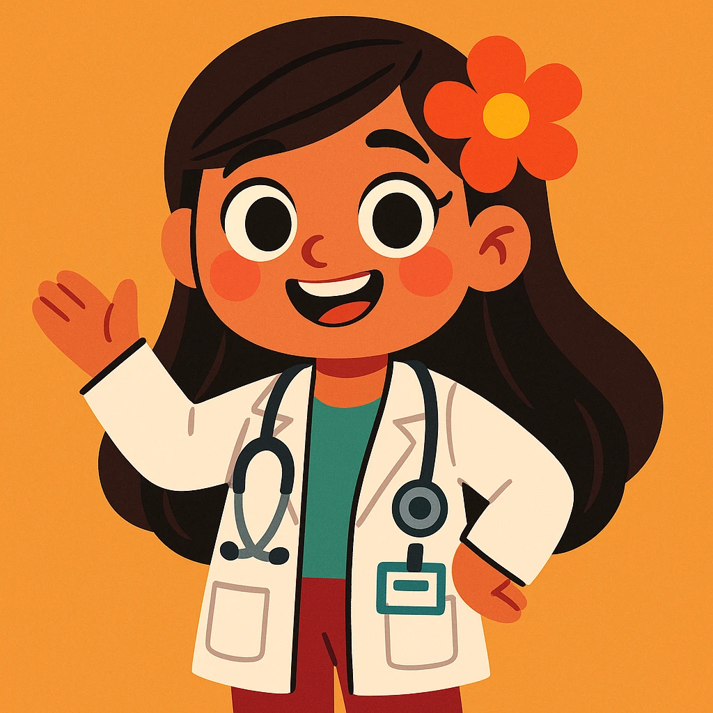cute Mexican doctor girl, long dark hair, wearing doctor's coat, flower in hair, cheerful approachable, cartoon style emoji