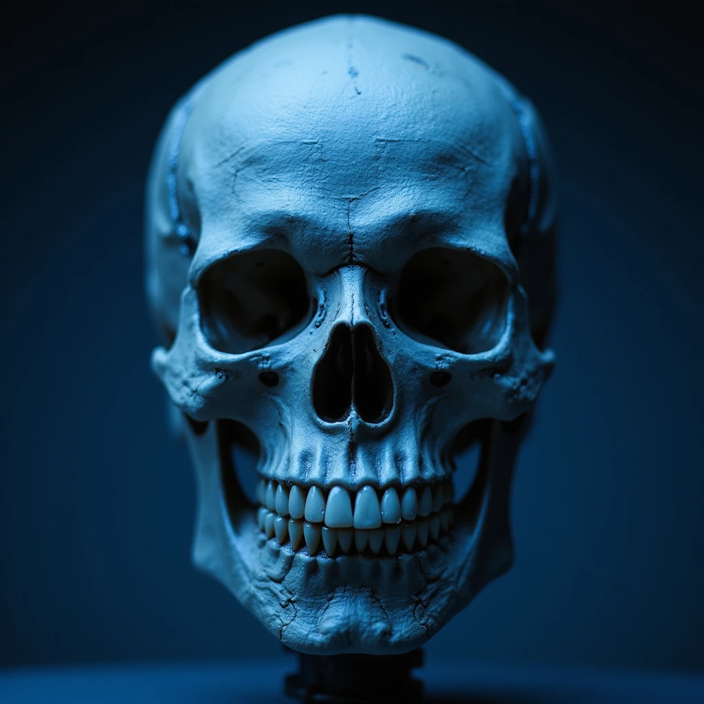 realistic skull, blue lighting, photorealistic style, detailed texture emoji