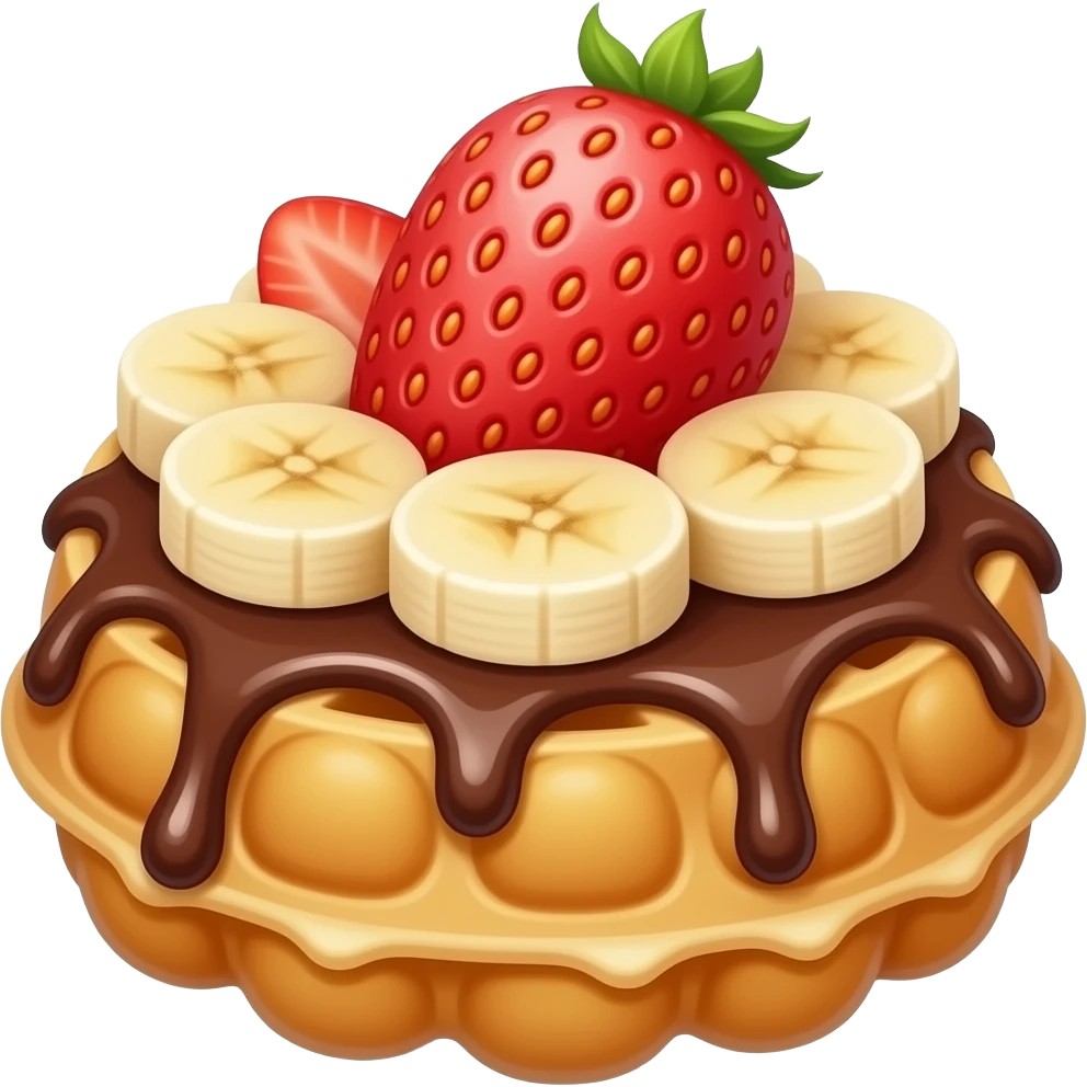 strawberry banana bubble waffle dessert with chocolate sauce, waffle with strawberries, banana slices and chocolate syrup emoji