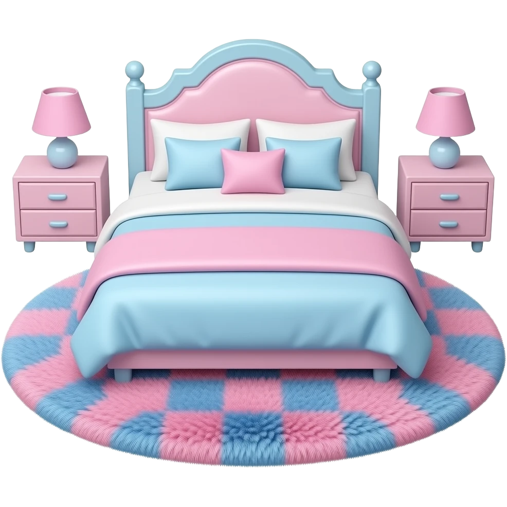 pink and blue a fluffy round rug, soft pastel color, cozy aesthetic bedroom decor, 3D render inspired by Barbie colour palette emoji