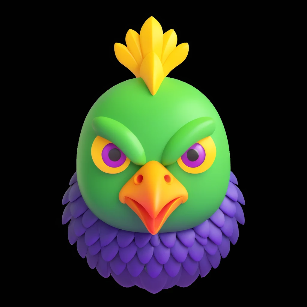 3D cartoon emoji of a chicken alien hybrid with a geometric green head, asymmetrical chicken comb, three glowing yellow eyes, metallic beak, jagged purple scales instead of feathers, toxic waste green background, clean lines, high contrast emoji