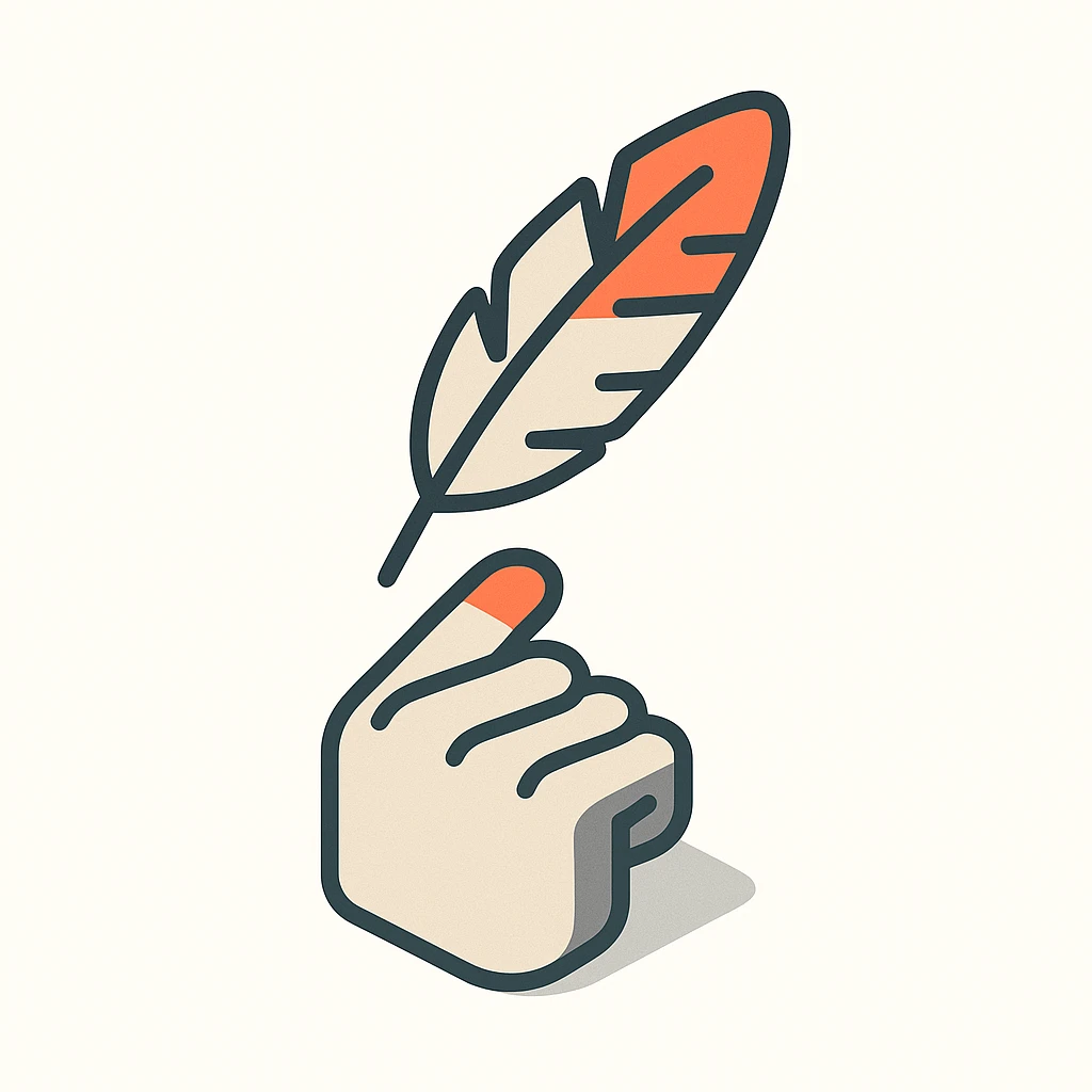 feather balancing on fingertip, isometric line art illustration, clean minimalist corporate style, thin gray outlines, subtle drop shadows, professional technical diagram aesthetic, selective orange accent highlights on key elements, 2.5D perspective, modern geometric shapes, simple bold lines, tech documentation style, business presentation quality emoji