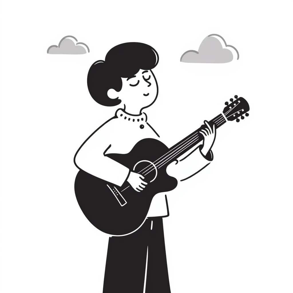 A musician holding a guitar, with a sad expression, looking up at the sky, waiting for an opportunity emoji