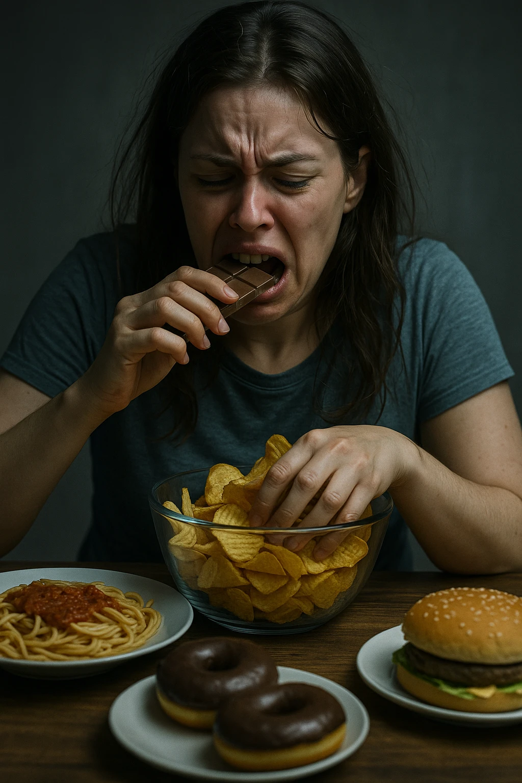 realistic cinematic image of a woman with very pronounced emotional eating due to menstrual cycle, agitated expression, compulsive movements towards food, realistic details, dramatic clinical lighting, no text, 2:3 aspect ratio emoji