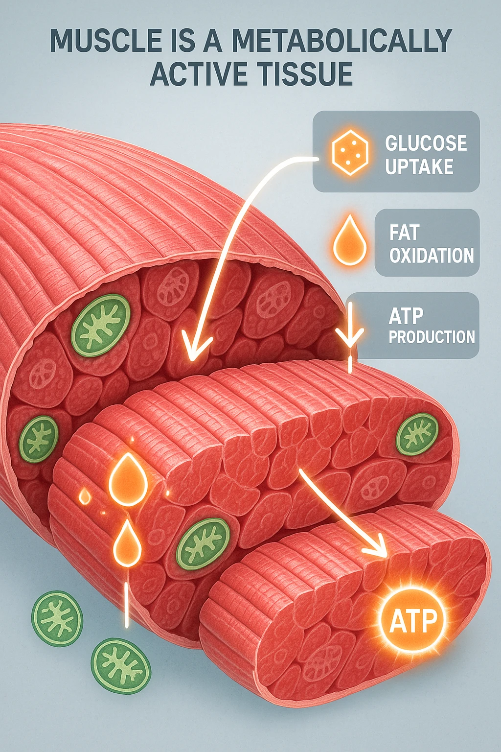 a highly detailed cross-section of human skeletal muscle fibers, shown in vibrant red and pink tones, with visible striations and realistic texture. Glowing arrows and animated icons represent active metabolic processes—such as glucose uptake, fat oxidation, and ATP production—occurring within the muscle tissue. Surrounding the muscle, floating symbols for mitochondria and energy highlight its metabolic activity. The background is clean and clinical, with subtle labels and infographics explaining that muscle is a metabolically active tissue. The overall style is modern, scientific, and visually engaging, suitable for educational or medical use. emoji