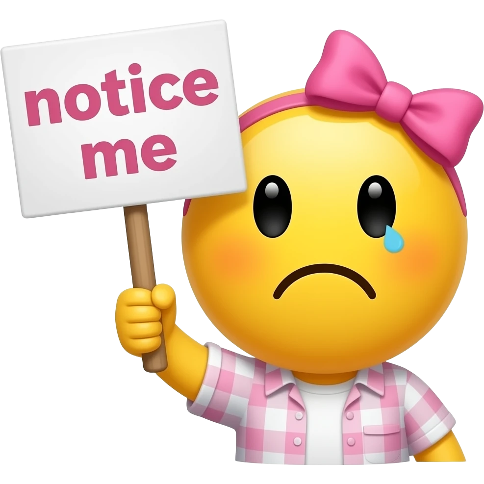 Yellow smiley with pink hairbow sad holding up a sign that says "notice me" emoji