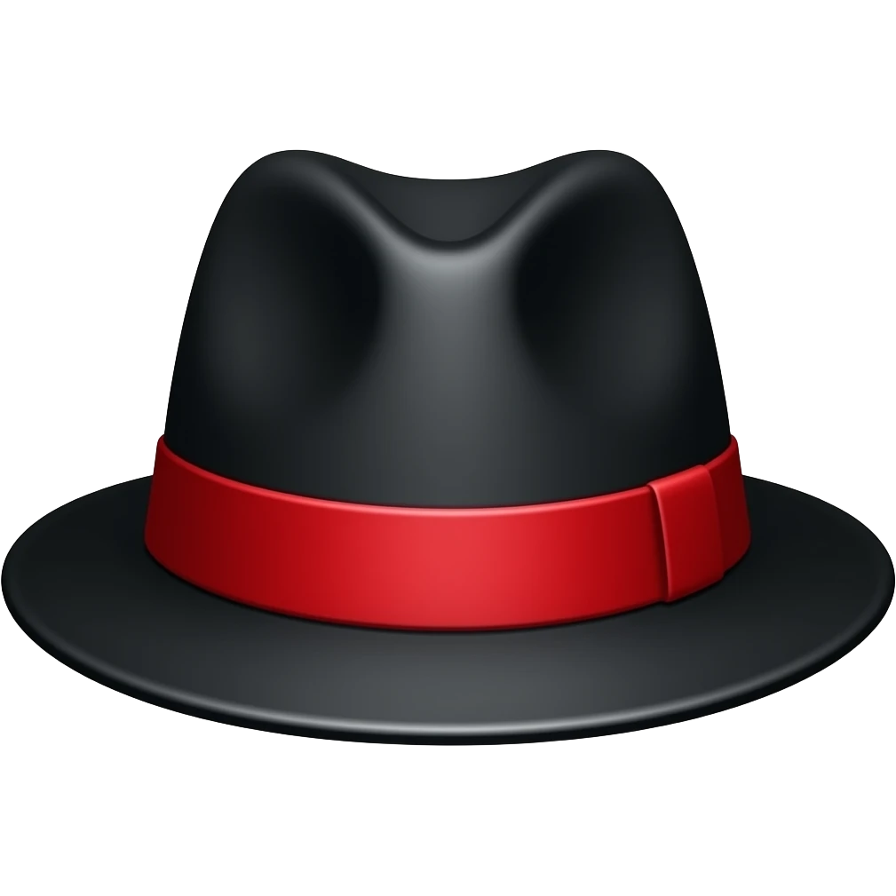 Minimalist emoji-style icon of a mafia fedora hat, black with a bold red band, clean flat vector design, no face, no background, centered, fills the entire frame, thick outlines, very low detail, high contrast, 2–3 colors only emoji