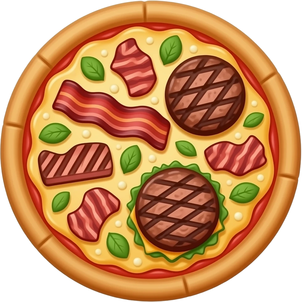 Pizza mixed with bacon and cooked steak with cooked burger patty emoji