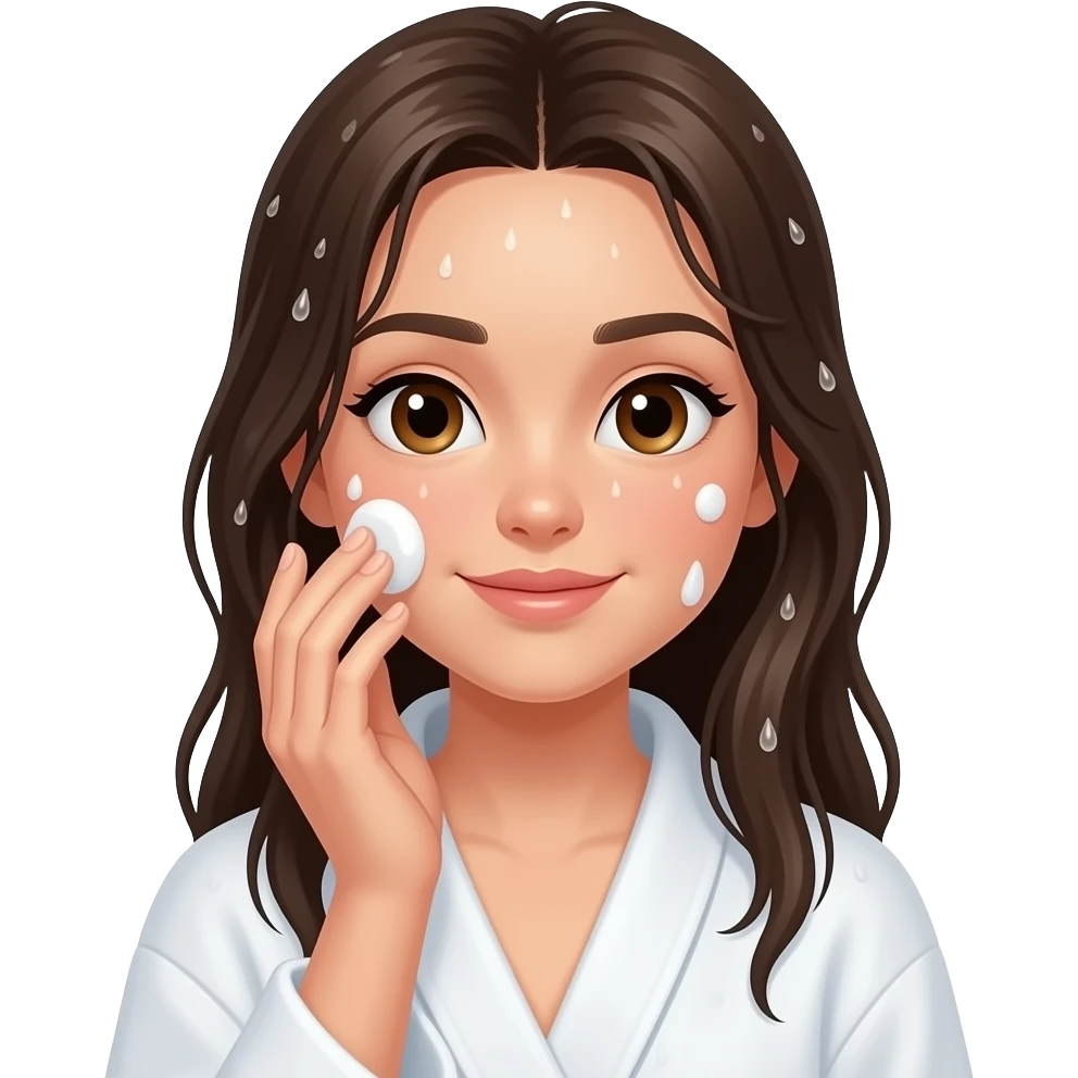 Ginger brown girl yong in white robe long wet hair relaxing shower skin care eyes brown emoji
