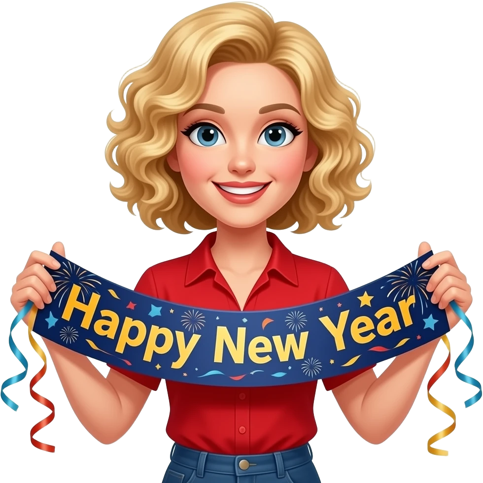 blonde tight curly hair in a short bob happy new year banner fireworks and streamers in a red short sleeve blosue emoji