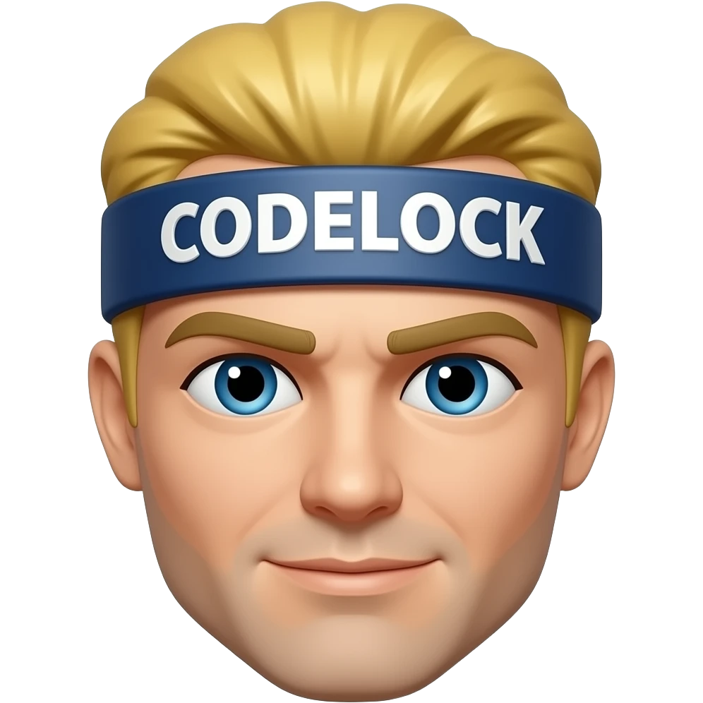 A small, high-detail Discord emoji of a confident hockey-themed emoji face named “Codelock.” Expression calm, calculated expression with a slight smirk—projecting authority, intelligence, and control. Blonde hair, and Codelock Across The Top in Bold emoji