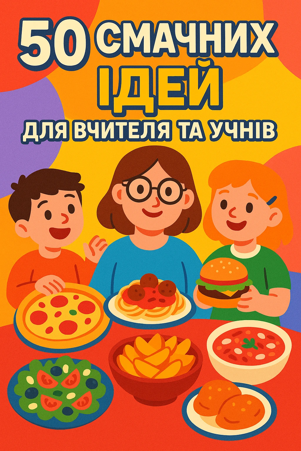 Обкладинка посібника з текстом українською мовою: «50 смачних ідей для вчителя та учнів». Мультяшний стиль, акцент на різноманітних стравах, барвистий фон, дружня атмосфера, великі літери. emoji
