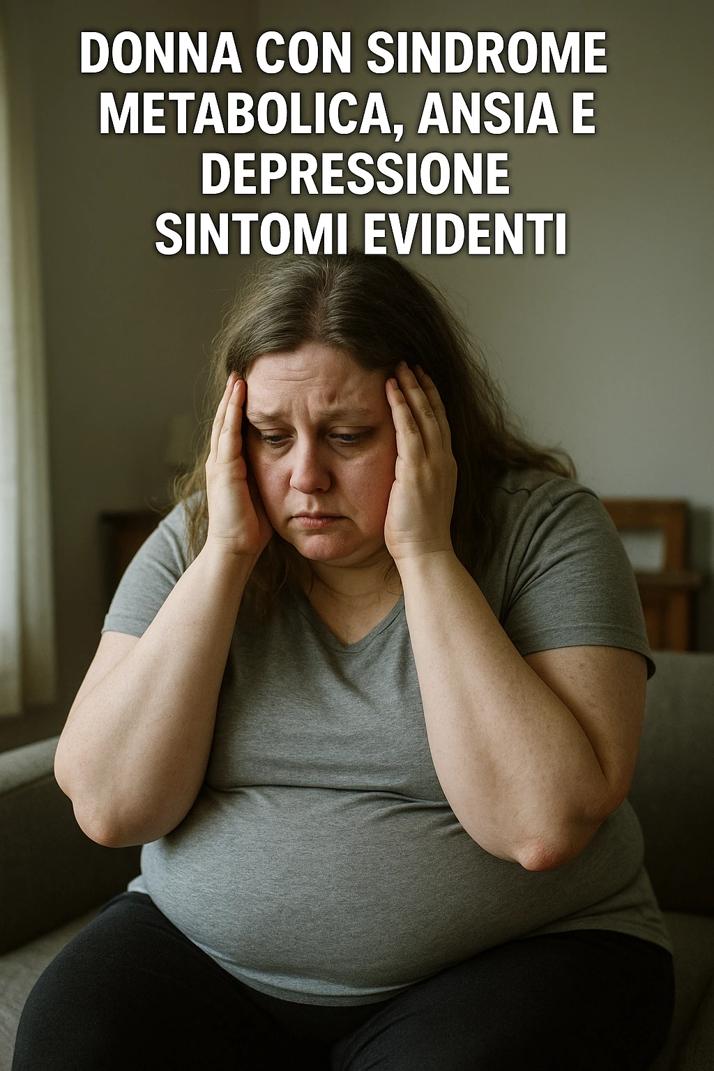 Donna con sindrome metabolica, ansia e depressione, sintomi evidenti immagine realistiche in italiano emoji