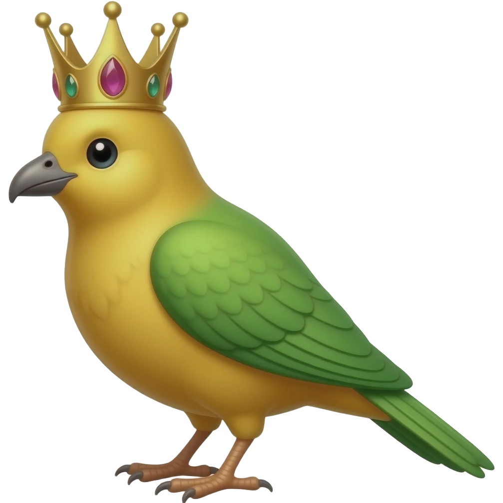 A golden bird with green wings and a ruby-embedded queen's crown on top emoji
