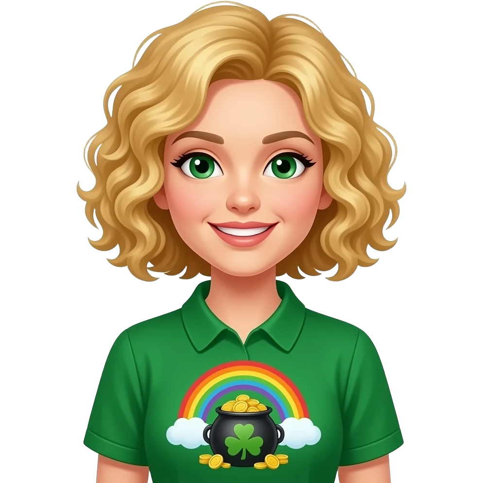 blonde tight curly hair in a short bob with St. Patrick's day banner in a green blouse with rainbow and a pot of gold emoji