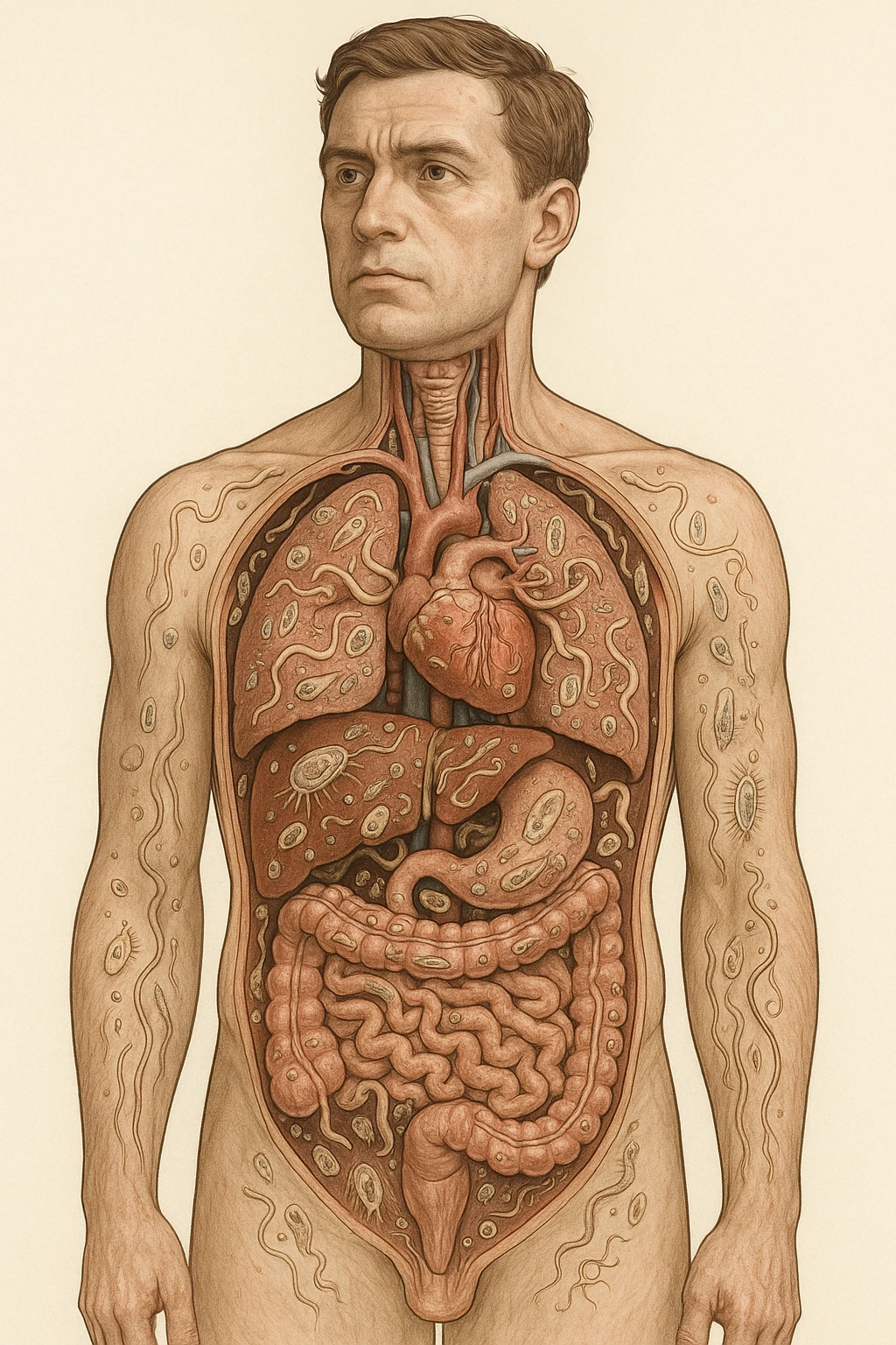 Parassiti che invadono tutti gli organi dentro il corpo umano di un uomo in italiano realistica emoji