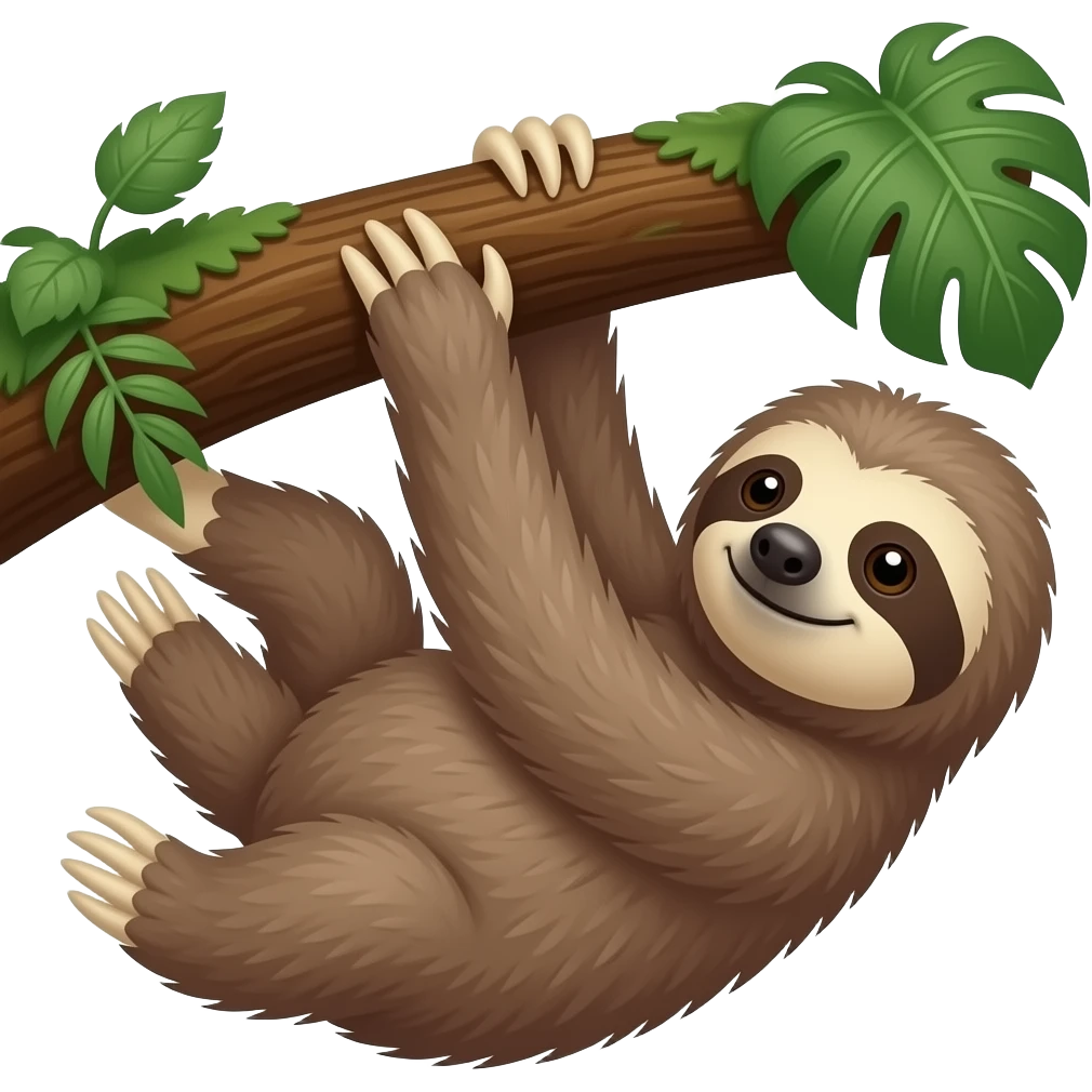 hanging sloth on big jungle tree branch drink coffee wooden cup hanging emoji