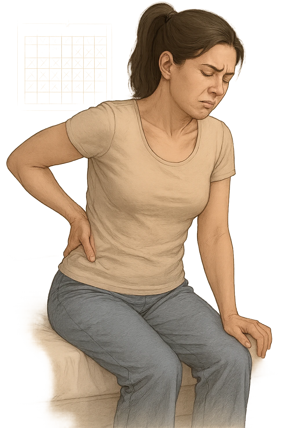 a woman in her 30s sits on the edge of her bed in the morning, holding her lower back with a pained expression. Subtle visual cues, like uneven shoulders or hips, hint at postural asymmetry. The room is softly lit, and a calendar on the wall shows months crossed off, symbolizing chronic pain over the years. vista anatomicamente emoji