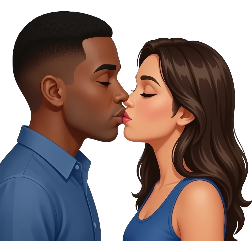 Black male with brown skin and short hair with a Columbian well built woman with look hair and prey eyes. French kissing emoji