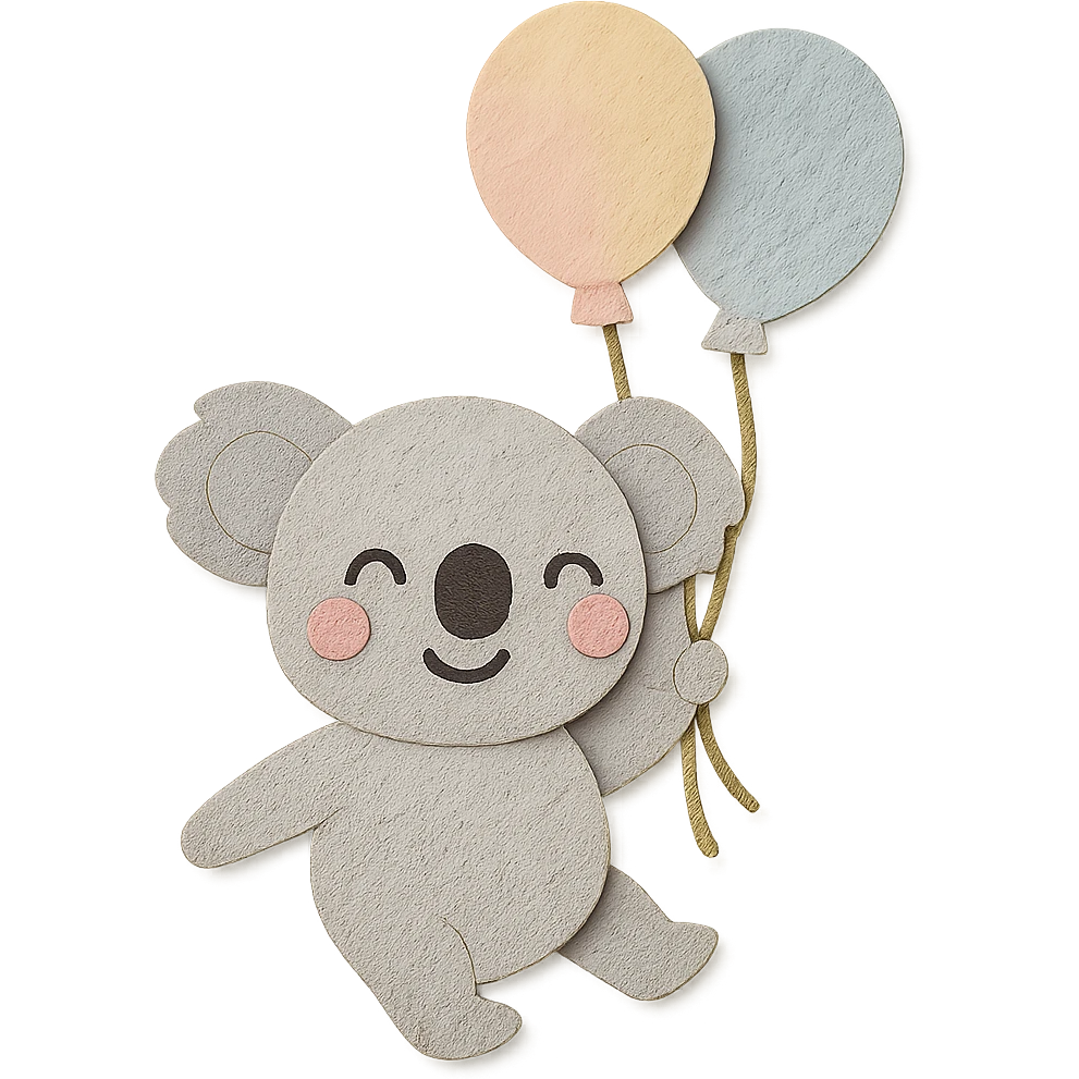 koala floating with pastel balloons, happy face, paper-craft style emoji