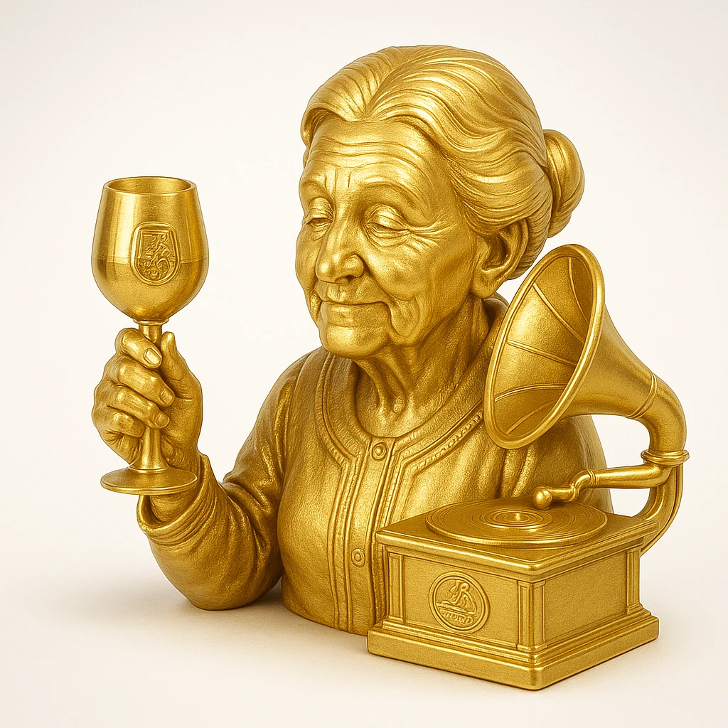 old lady with wineglass listening to gramophone emoji