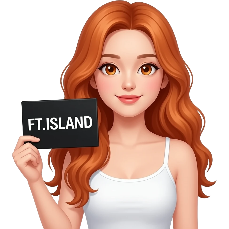 sexy girl with long wavy ginger hair and ginger eyes wearing a white tanktop is holding a black colored sign with FT.ISLAND written on it emoji