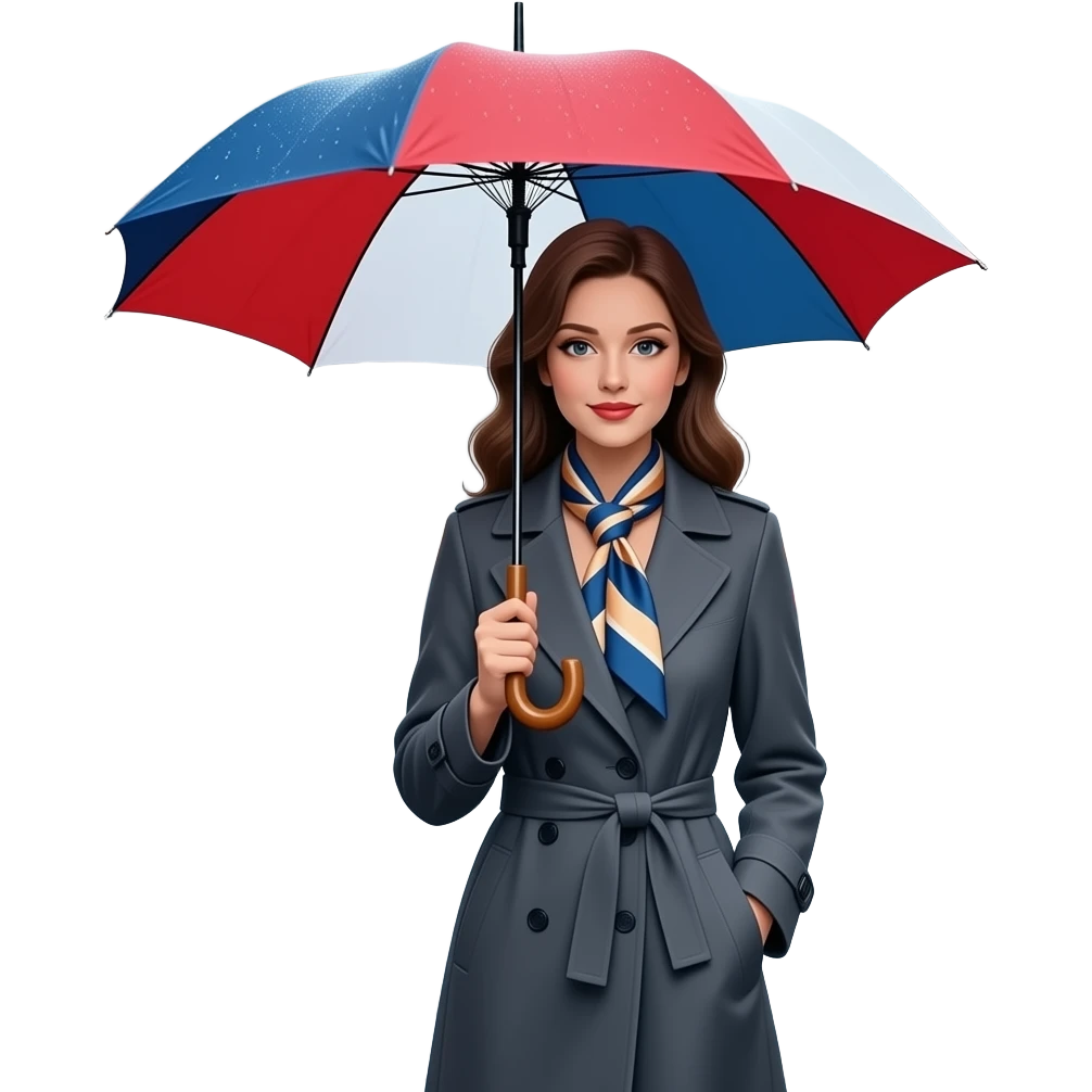 Elegant London woman with umbrella in red, blue, and white, rainy city charm emoji
