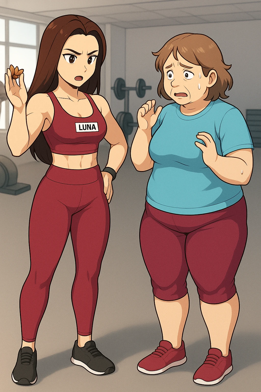 prendi spunto da queste immagini per fare: fai un webtoon/manga a colori con questa personal trainer (falle la scritta "LUNA" SU UNA TARGHETTA APPOSTA SUL TOP SPORTIVO CHE HA), che parla IN PALESTRA con una sua cliente che ha cellulite ed è leggermente in sovrappeso. LA SIGNORA è IN ABITI SPORTIVI E ascolta la trainer con attenzione guardandola allarmata. LUNA le dice di stare attenta mentre le mostra con espressione di rimprovero una manciata di mandorle. NON FARE I FUMETTI, FAI SOLO LORO COME SE DIALOGASSERO. FAI LE DUE FIGURE A FIGURA INTERA CON IL CORPO INTERAMENTE VISIBILE emoji