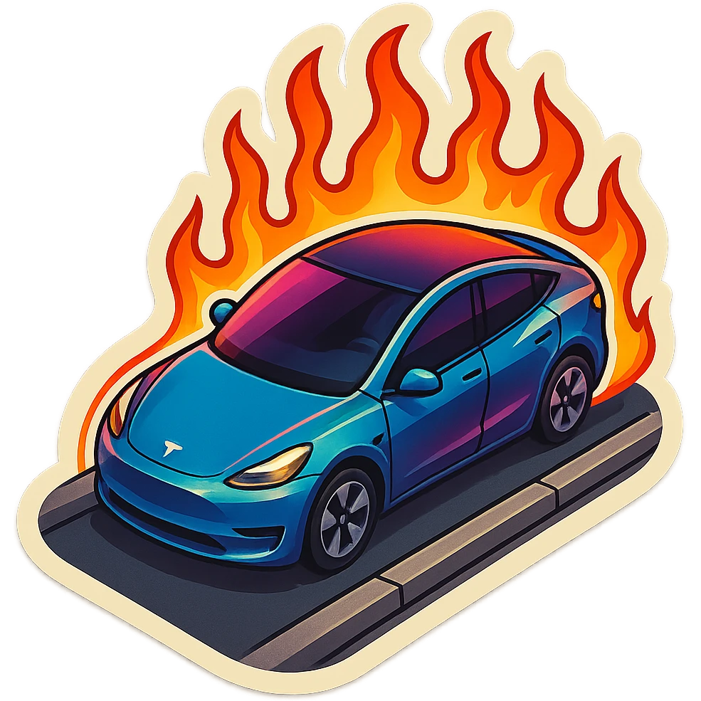 A Tesla Model Y parallel parking at a curb, from above, with fire around emoji