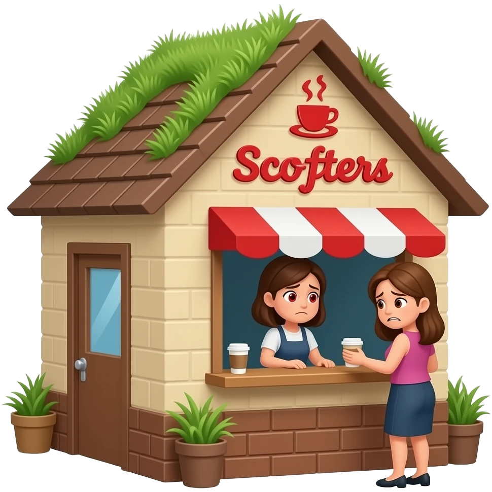 A small coffee shop named scooters with a pitched roof with grass growing on it. The logo is red, the building walls are tan and brown. A stressed lady with red eyes is working the drive-through window.  Another lady, even more stressed and seemingly an addict buys coffee. emoji