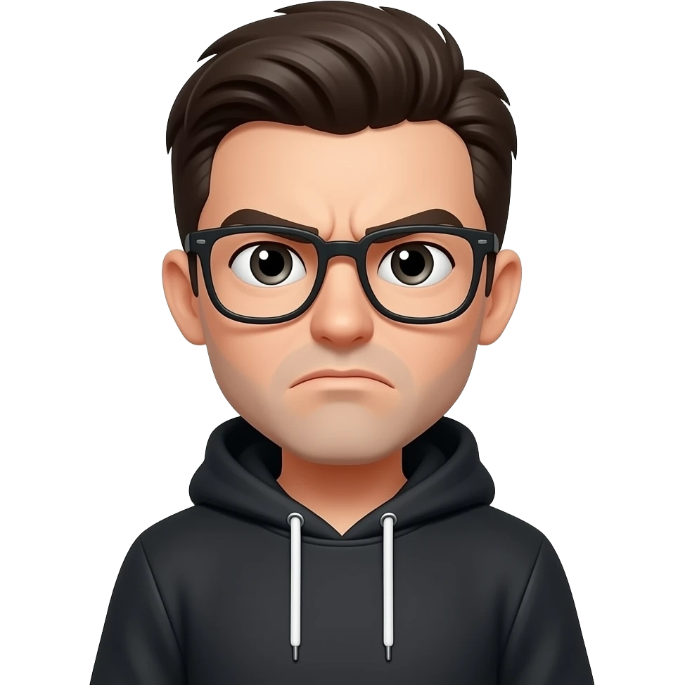 Black sweatshirt. Squinting both eyes with glasses and a frowning face. emoji