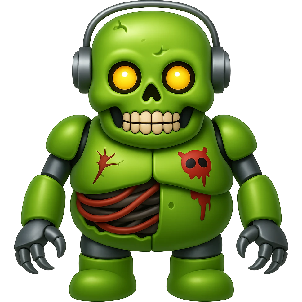 Create a fat zombie robot terminator in apple emoji style, front view, with no background. The style should mimic apple style emojis with no background. emoji