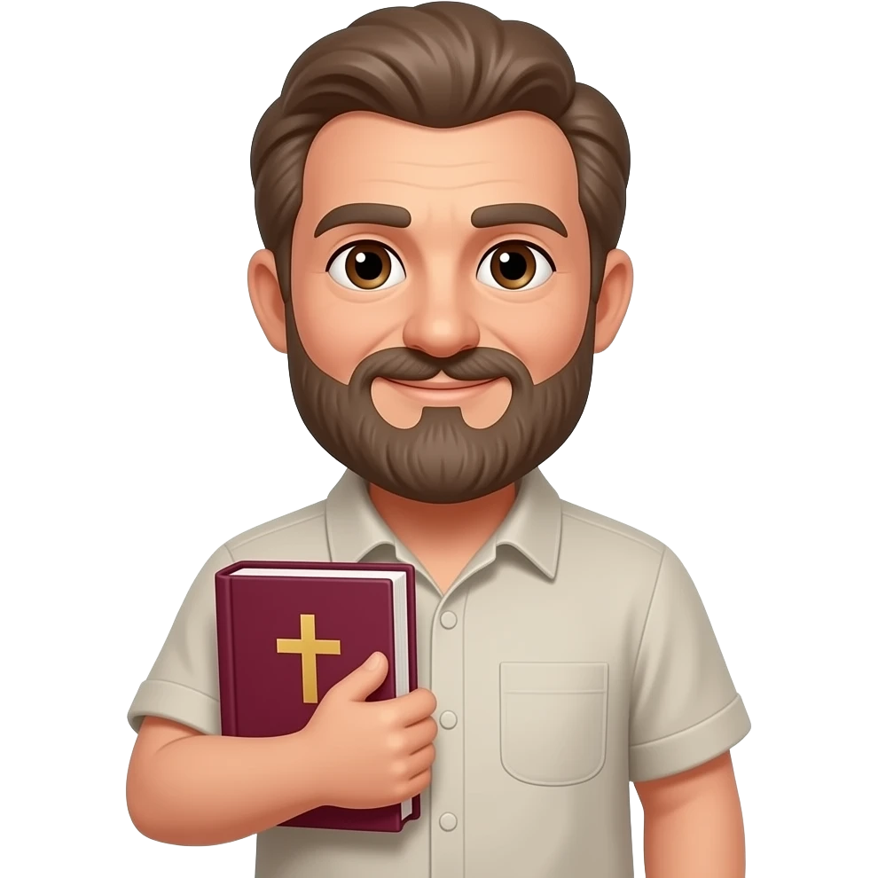 wise old man with grey brown hair shirt slight smile brown eyes beard with burgundy book that has a cross on it no circle emoji