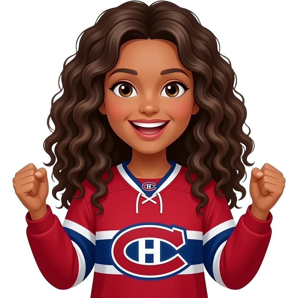 Cheering Habs Montreal fan red jersey emoji, brown lady with  long curly hair emoji