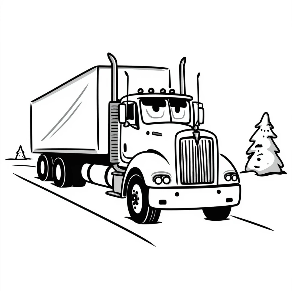2026 Kenworth W680 flat top semi sleeper with stacks chasing an abominable snowman down the road, black doodle style emoji