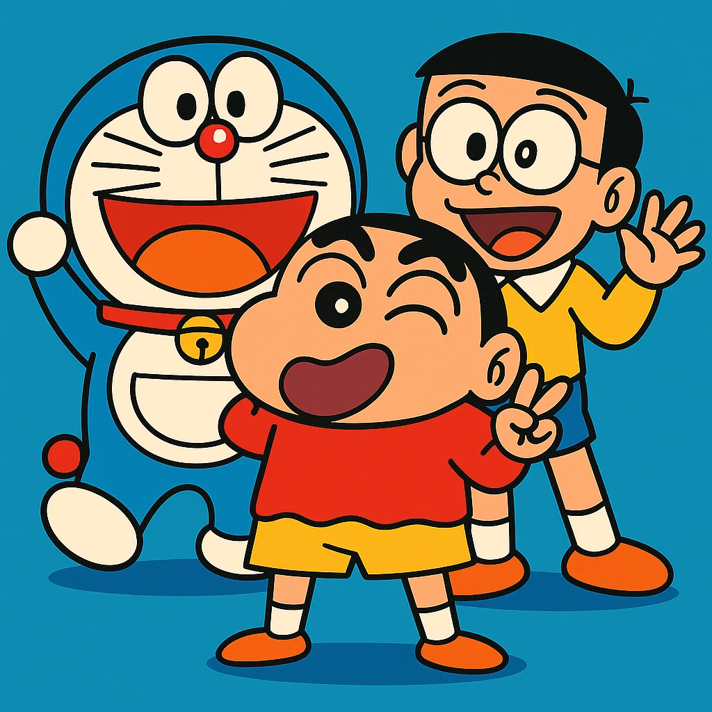 Add Nobita to the group with Doraemon and Shinchan in a playful pose, vibrant cartoon style, colorful and lively characters interacting joyfully. emoji