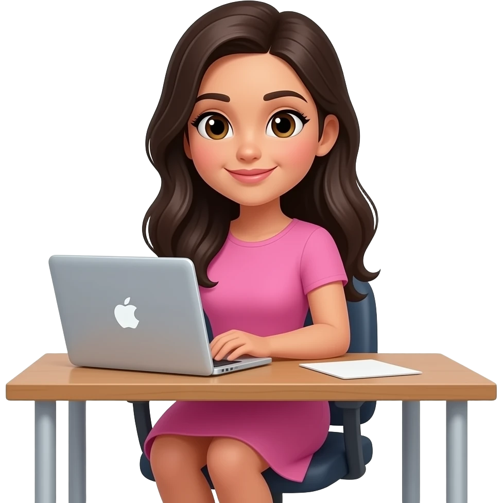Girl Latina with long dark hair no bangs, wearing a pink dress, sitting in a office table and using MacBook emoji