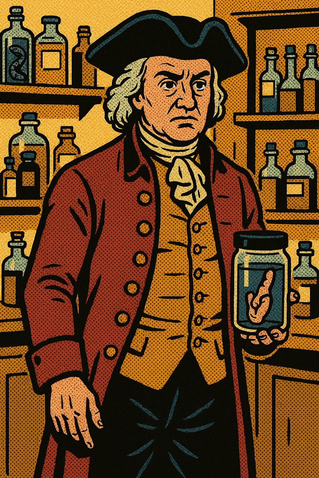 The full body of 1700s surgeon john hunter holding a specimen jar containing a human finger which he is holding by his side. He is in his surgery which contains lots of other medicine bottle and specimen jars emoji