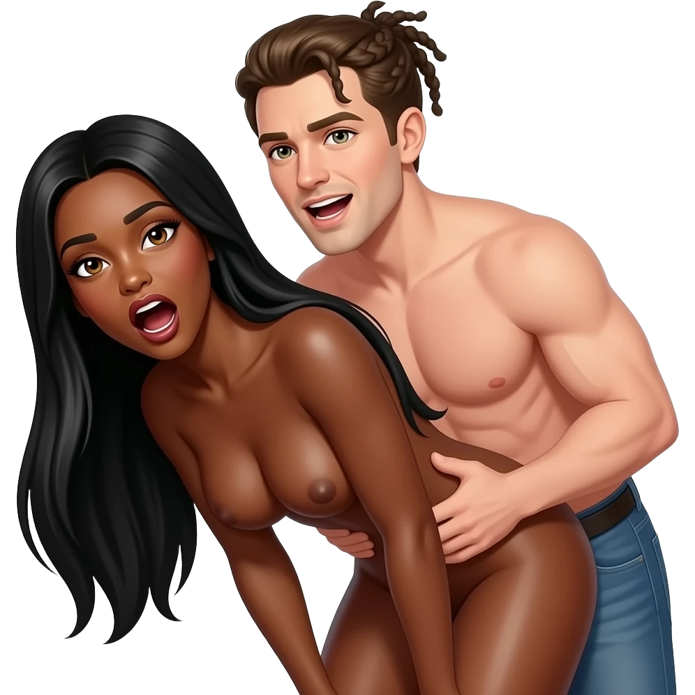 Lightskin black woman moaning with brown eyes & long black straight hair wearing nothing nude bent over having sex with a skinny white man aroused with hazel eyes & dark blonde braids wearing nothing nude emoji