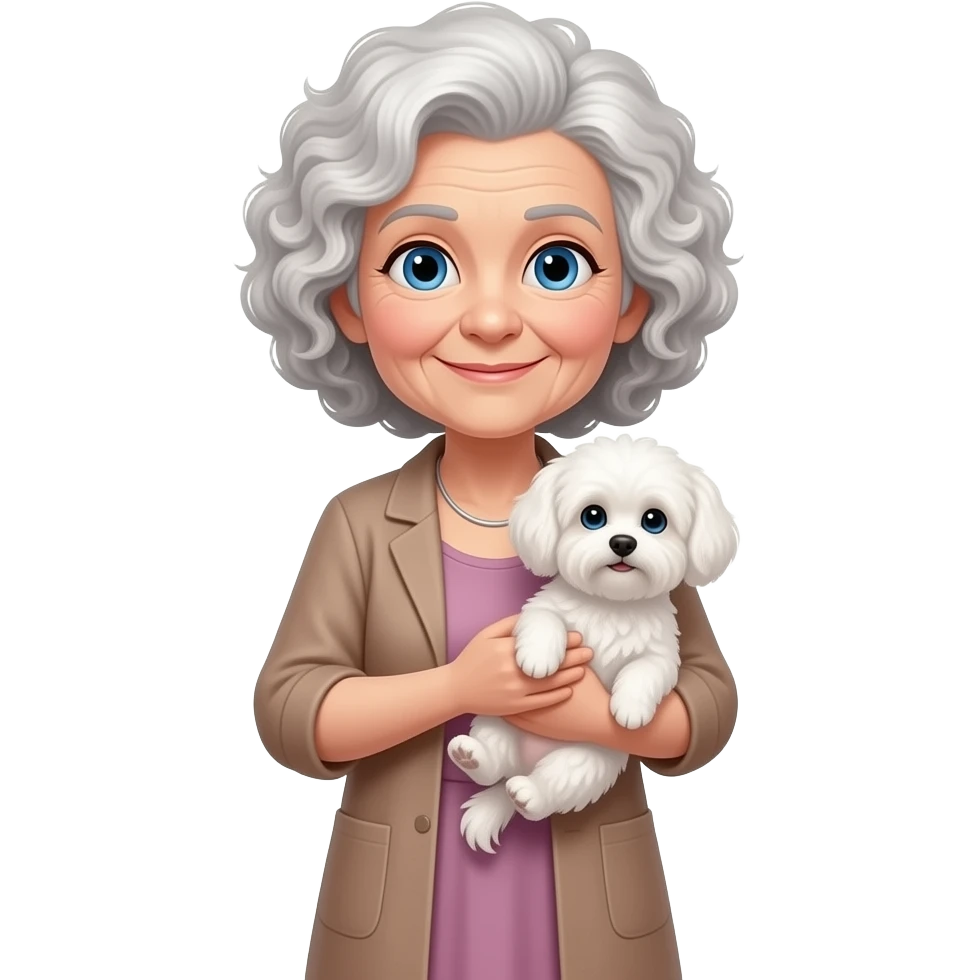 Elderly woman blue eyes very curly hair with maltese dog emoji