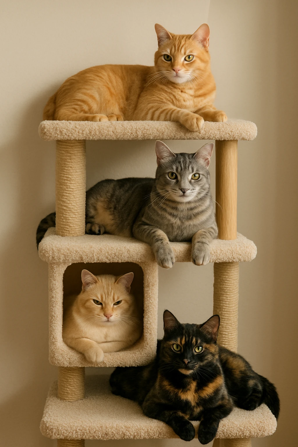 cats relaxing in a vertical playhouse emoji