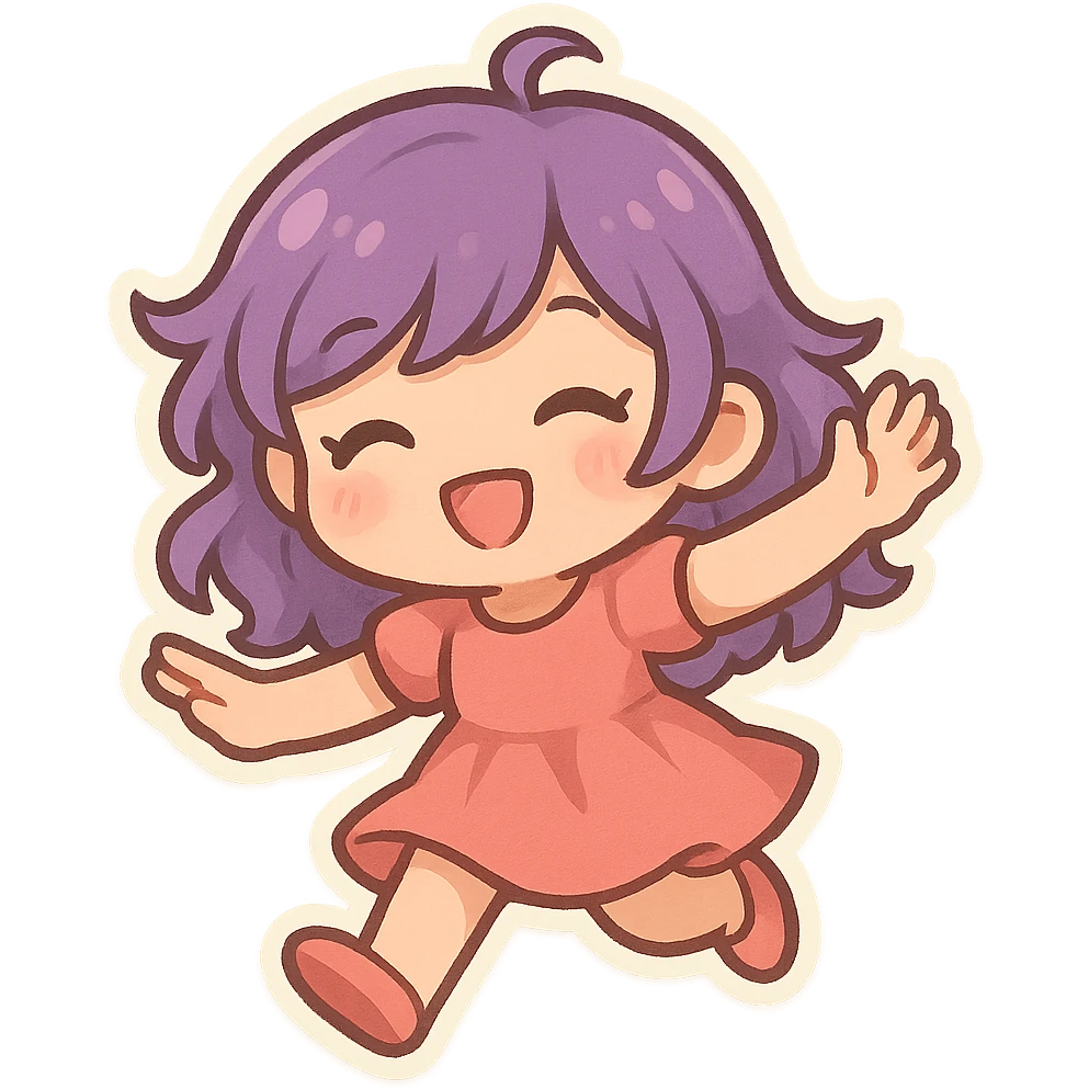 chibi girl with purple hair, dancing, cute chibi stickers illustration style emoji