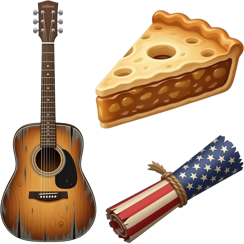 an old guitar dipped in a piece of apple pie placed on a rolled up old American flag emoji
