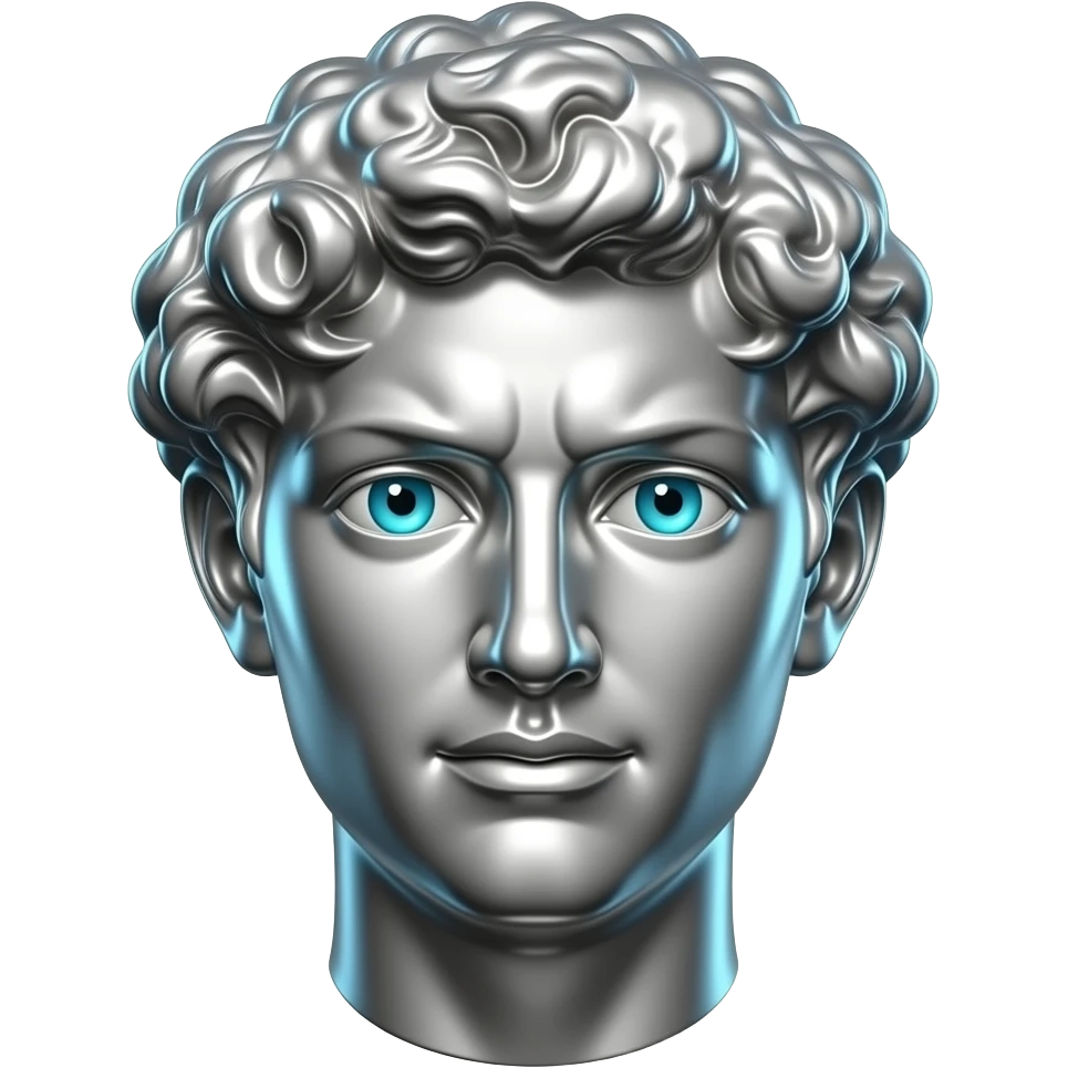 "A glasy/chrome stoic Greek statue head, front-facing, serious focused expression, subtile smile, glowing cyan (#00D4B1) eyes, dark background. Chrome reflections, subtle cyan light accents. Clean, no background, emoji style, high detail. The statue represents discipline, focus, self-mastery." emoji