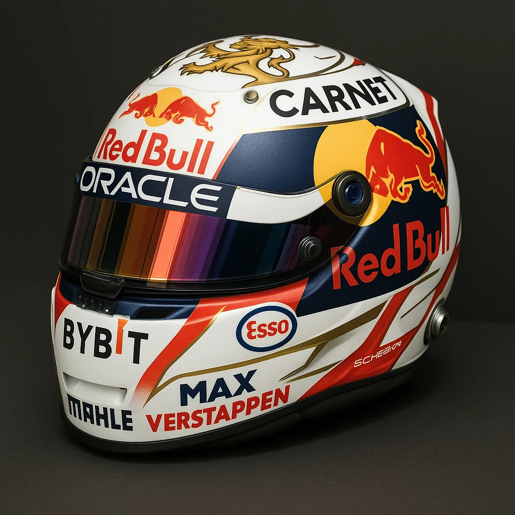 Max Verstappen's racing helmet, all sponsors visible, true F1 colors, detailed and accurate, professional motorsport look, realistic and highly detailed. emoji