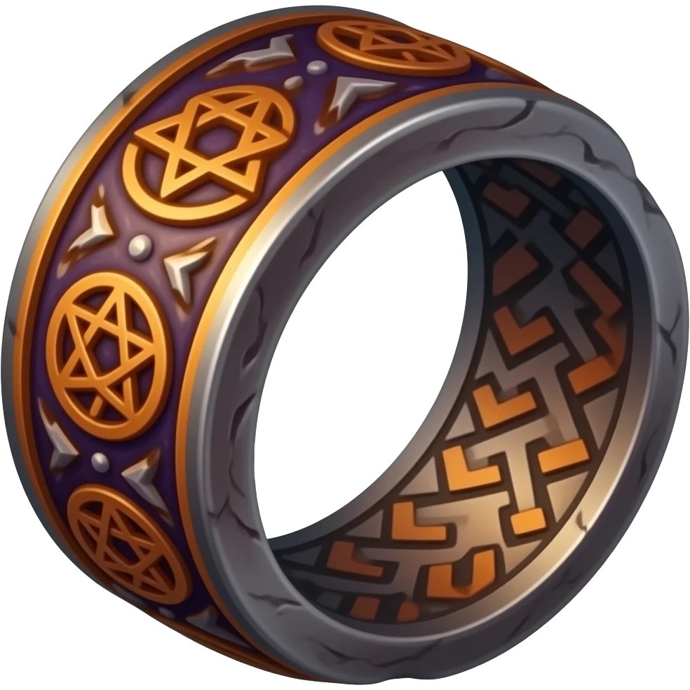 Umbra pontifex, a role that represents leadership and power. I need a ring that represents dark magic, using orange and purple as a color scheme. I wan embossed details to represent mysterious occultism emoji